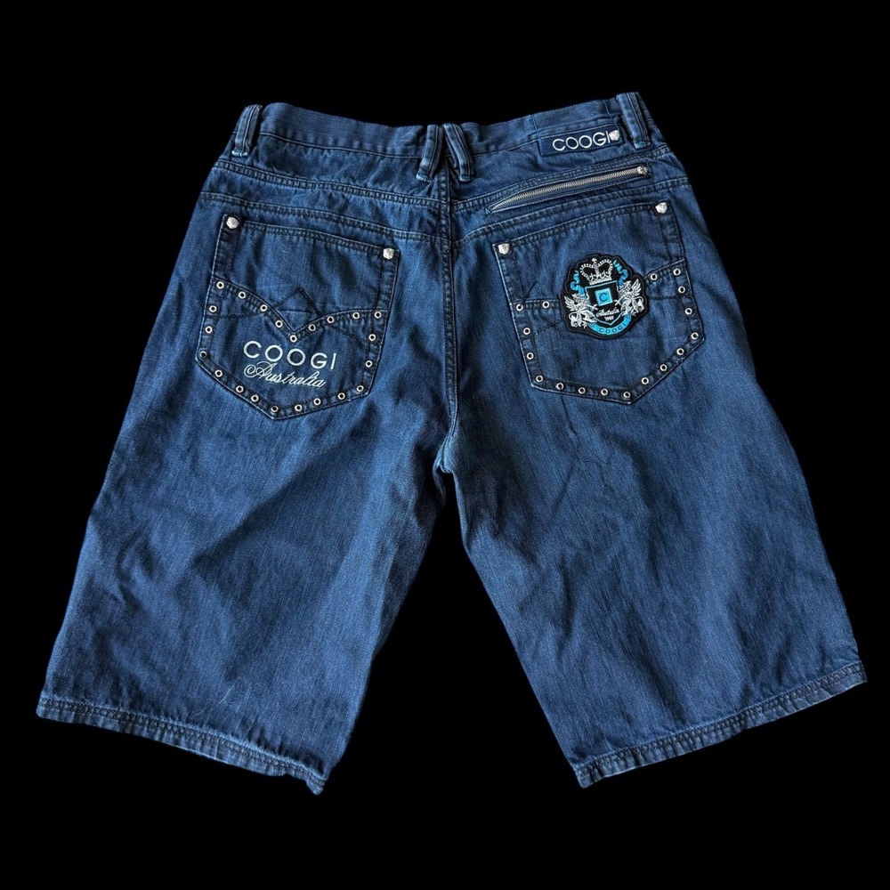 Coogi Australia‎ Mens Baggy Denim Shorts Indigo Blue Embroidered Y2K Hip Hop 36